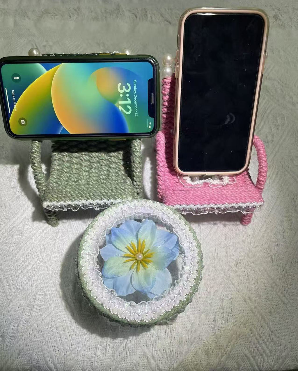 Hand woven chair shaped phone holder