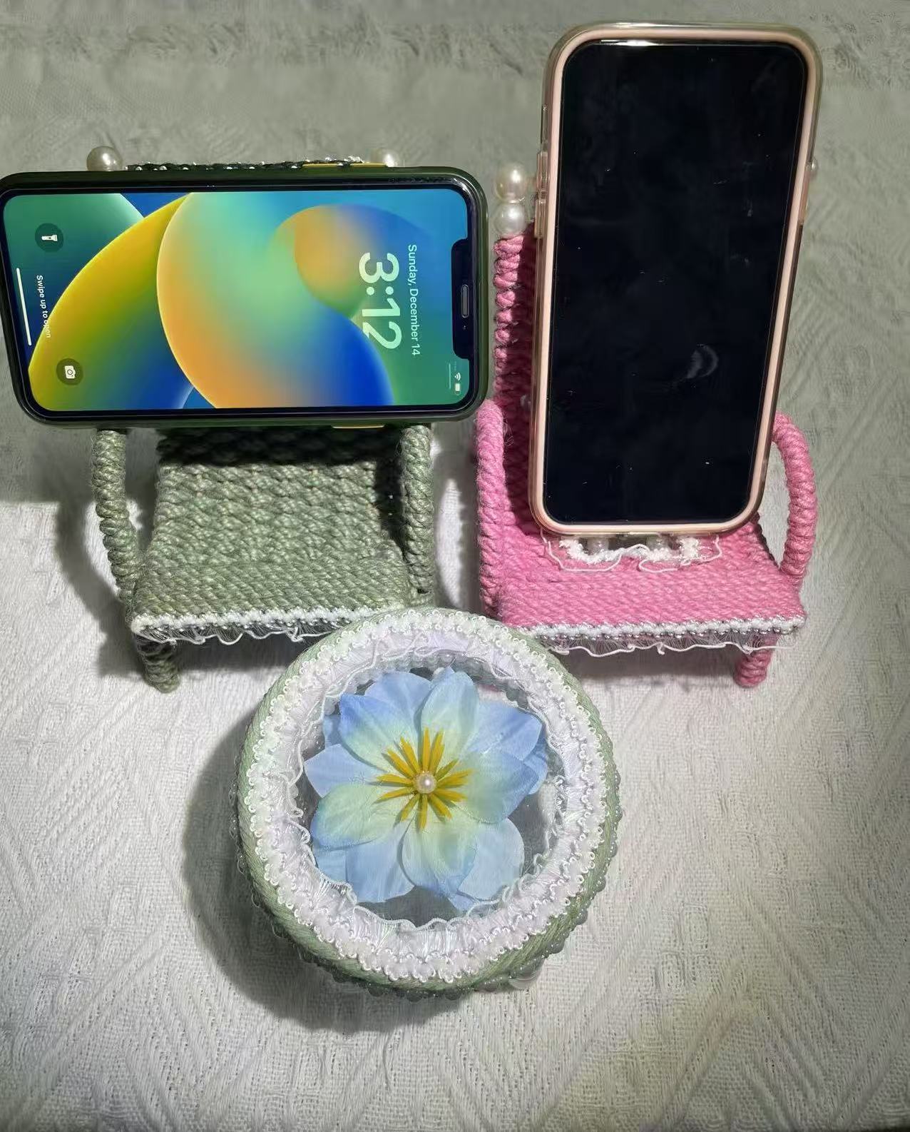 Hand woven chair shaped phone holder